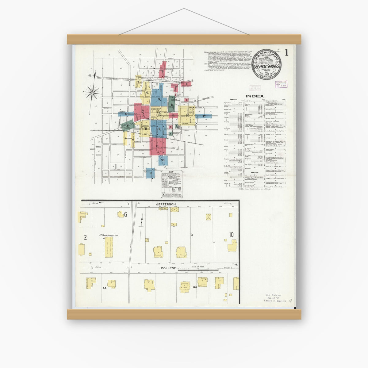 Old map wall art mockup — magnetic wood frame on white wall — Sanborn Fire Insurance Map from Sulphur Springs, Hopkins County, Texas (1909), Sheet #0001