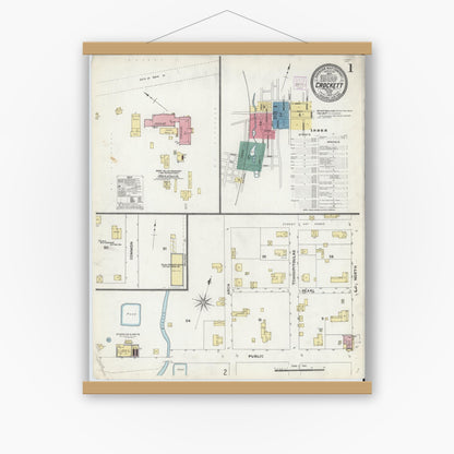 Old map wall art mockup — magnetic wood frame on white wall — Sanborn Fire Insurance Map from Crockett, Houston County, Texas (1907) - Complete Map Set