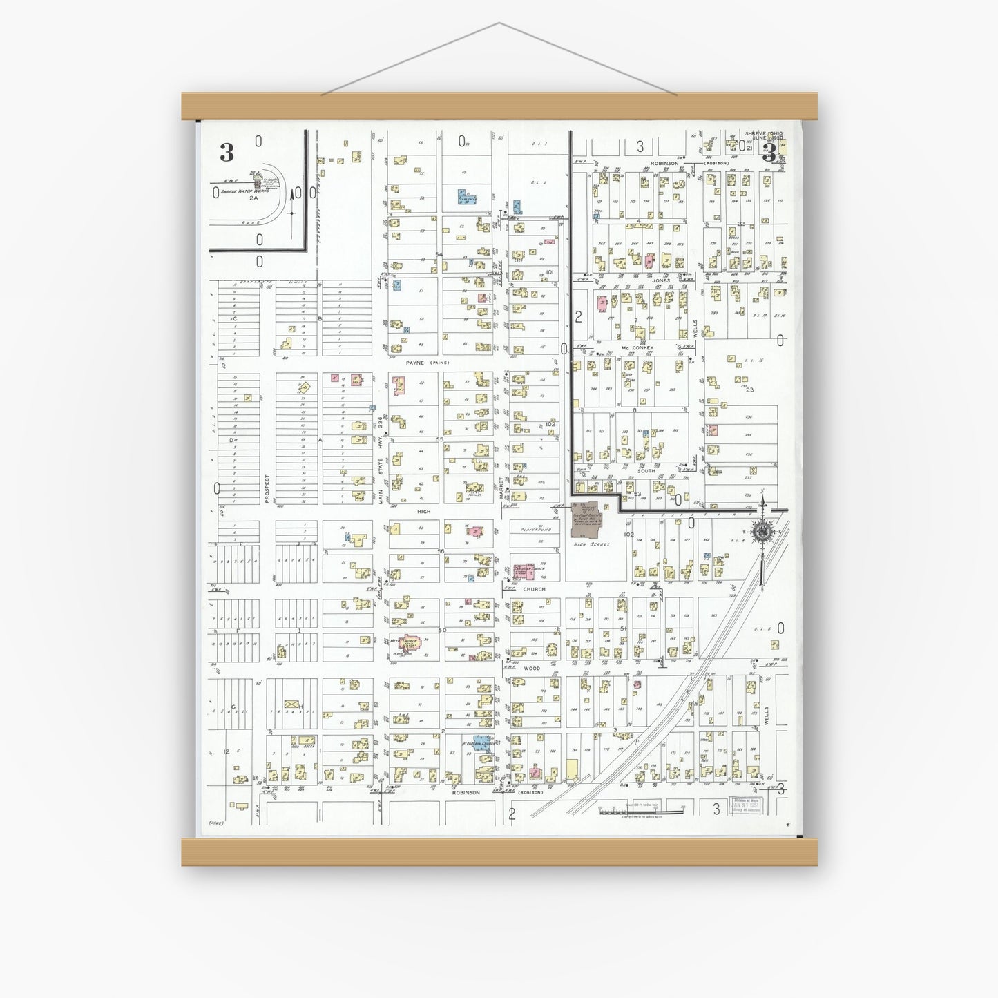 Old map wall art mockup — magnetic wood frame on white wall — Sanborn Fire Insurance Map from Shreve, Wayne County, Ohio (1950), Sheet #0003