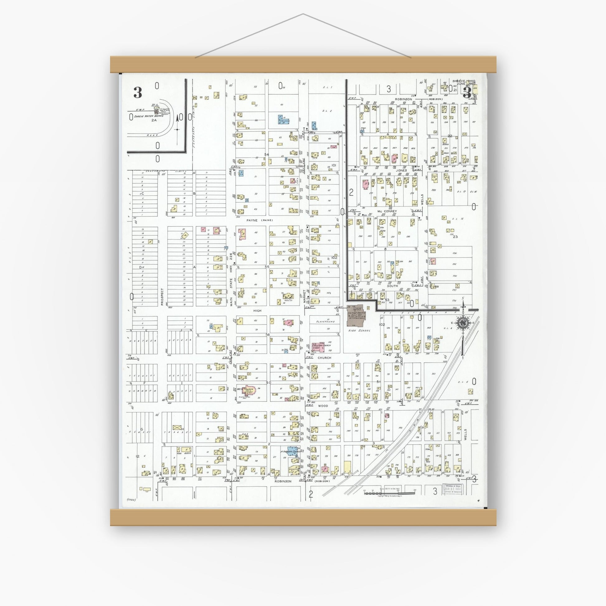 Old map wall art mockup — magnetic wood frame on white wall — Sanborn Fire Insurance Map from Shreve, Wayne County, Ohio (1950), Sheet #0003