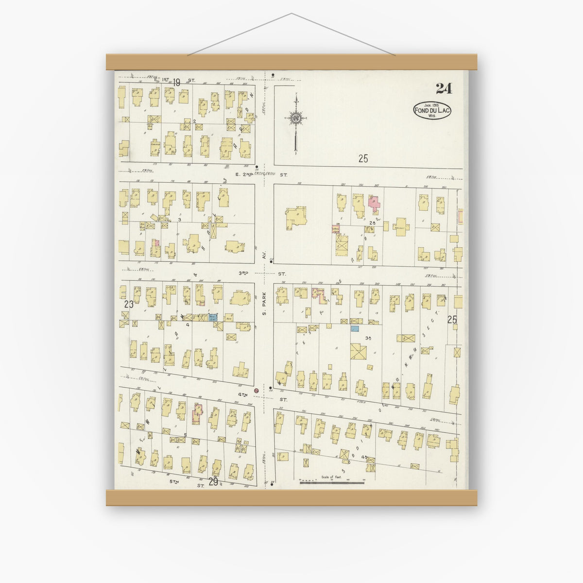 Old map wall art mockup — magnetic wood frame on white wall — Sanborn Fire Insurance Map from Fond du Lac, Fond du Lac County, Wisconsin (1915), Sheet #0024