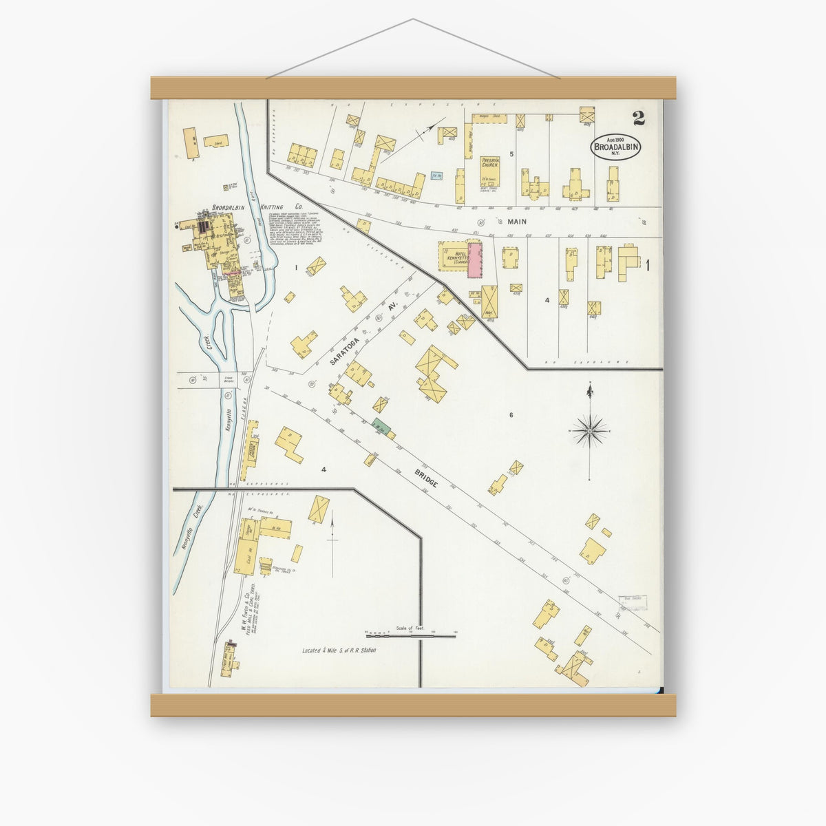 Old map wall art mockup — magnetic wood frame on white wall — Sanborn Fire Insurance Map from Broadalbin, Fulton County, New York (1900), Sheet #0002