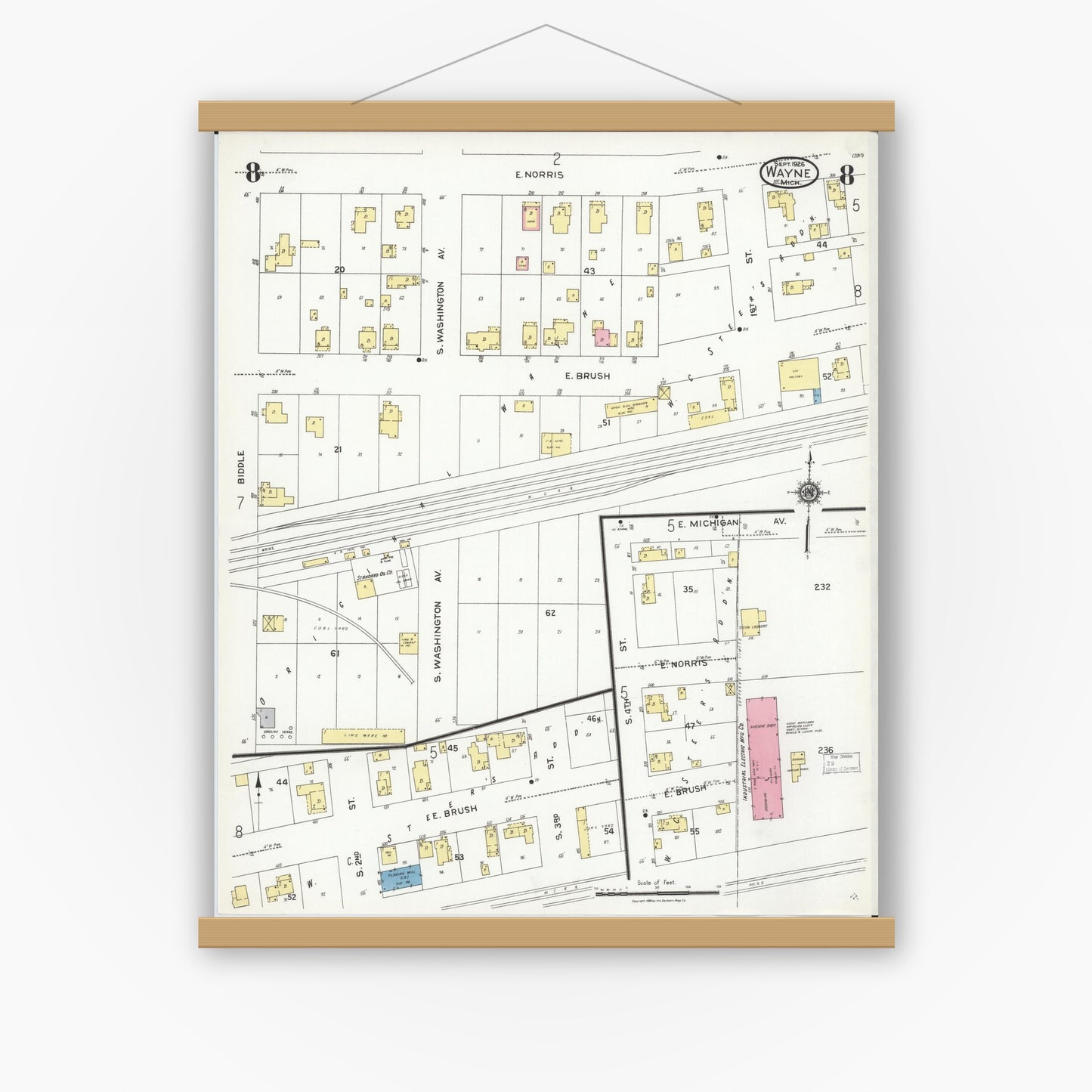 Old map wall art mockup — magnetic wood frame on white wall — Sanborn Fire Insurance Map from Wayne, Wayne County, Michigan (1926), Sheet #0008
