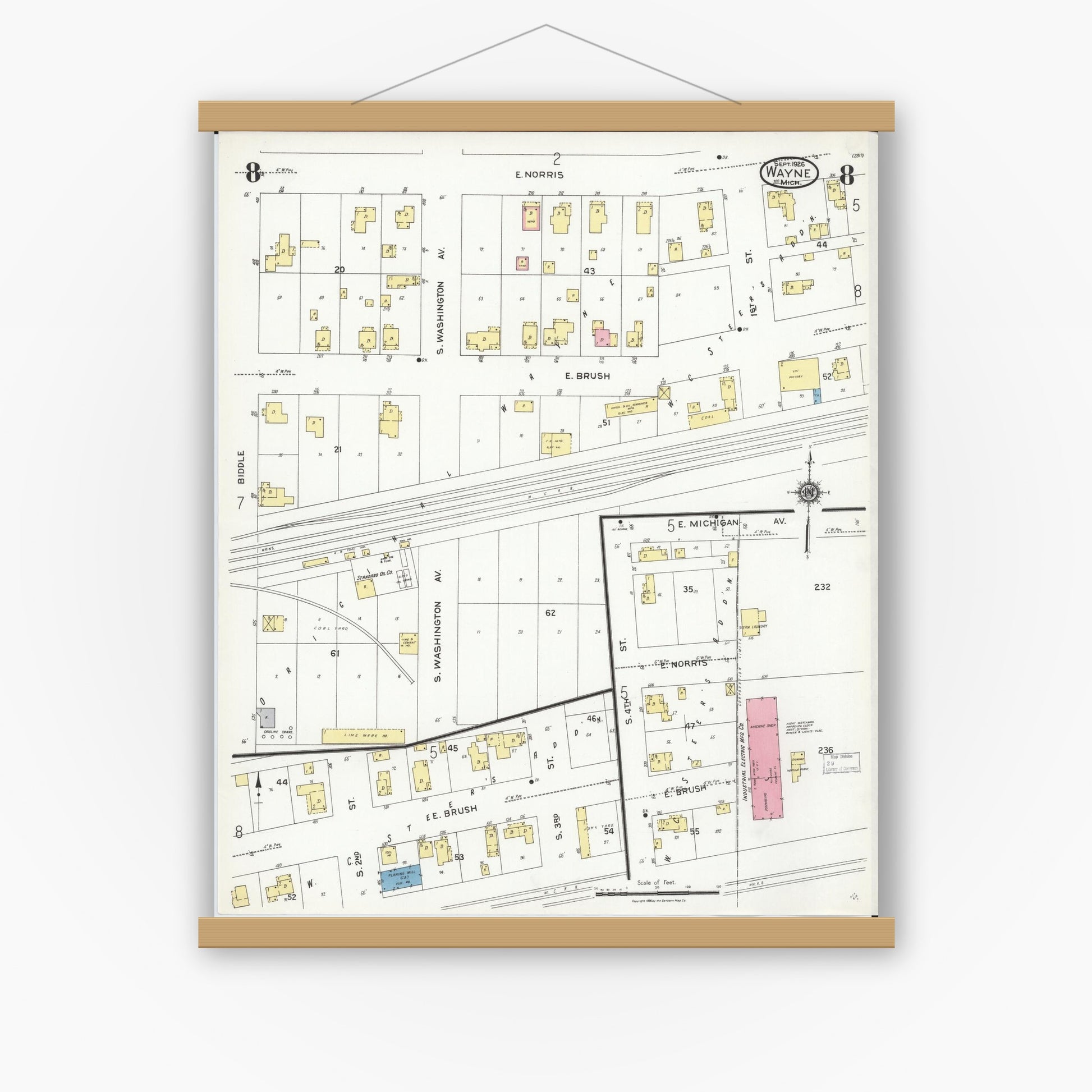 Old map wall art mockup — magnetic wood frame on white wall — Sanborn Fire Insurance Map from Wayne, Wayne County, Michigan (1926), Sheet #0008