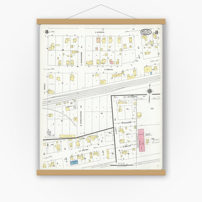 Old map wall art mockup — magnetic wood frame on white wall — Sanborn Fire Insurance Map from Wayne, Wayne County, Michigan (1926), Sheet #0008