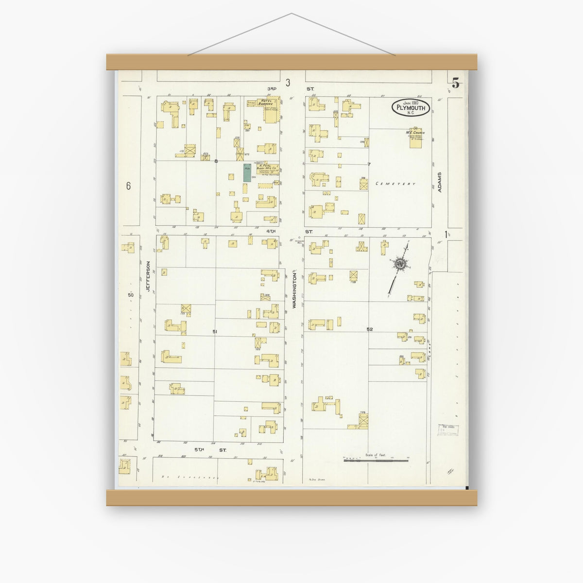 Old map wall art mockup — magnetic wood frame on white wall — Sanborn Fire Insurance Map from Plymouth, Washington County, North Carolina (1910), Sheet #0005