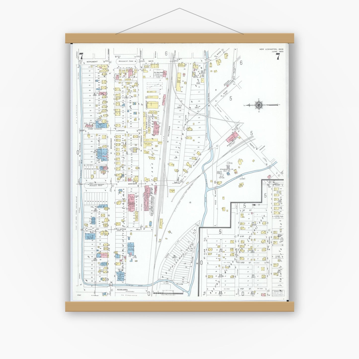 Old map wall art mockup — magnetic wood frame on white wall — Sanborn Fire Insurance Map from New Lexington, Perry County, Ohio (1950), Sheet #0007