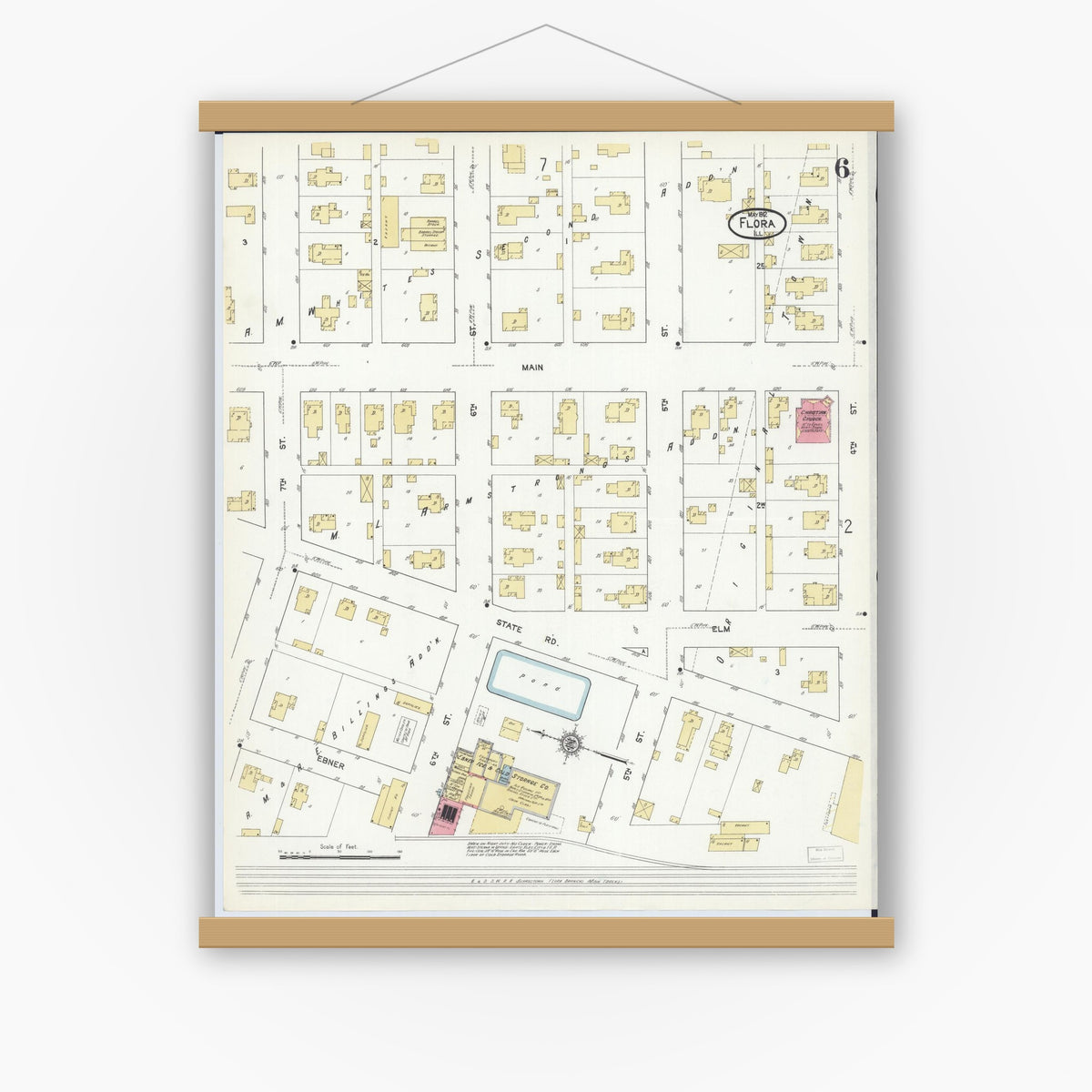 Old map wall art mockup — magnetic wood frame on white wall — Sanborn Fire Insurance Map from Flora, Clay County, Illinois (1912), Sheet #0006