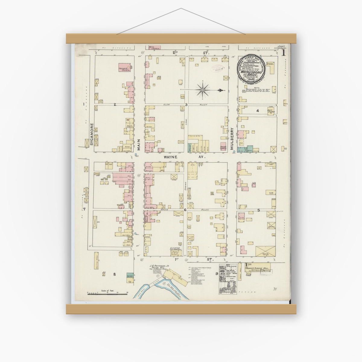 Old map wall art mockup — magnetic wood frame on white wall — Sanborn Fire Insurance Map from Waynesboro, Independent Cities, Virginia (1891) - Complete Map Set