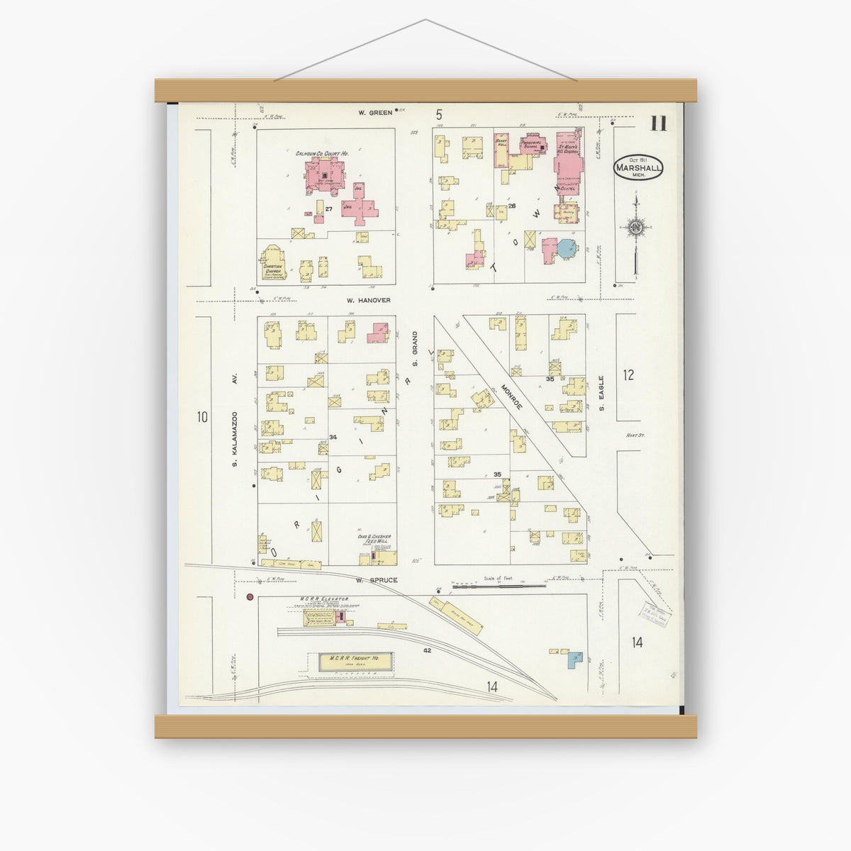 Old map wall art mockup — magnetic wood frame on white wall — Sanborn Fire Insurance Map from Marshall, Calhoun County, Michigan (1911), Sheet #0011