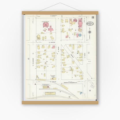 Old map wall art mockup — magnetic wood frame on white wall — Sanborn Fire Insurance Map from Marshall, Calhoun County, Michigan (1911), Sheet #0011