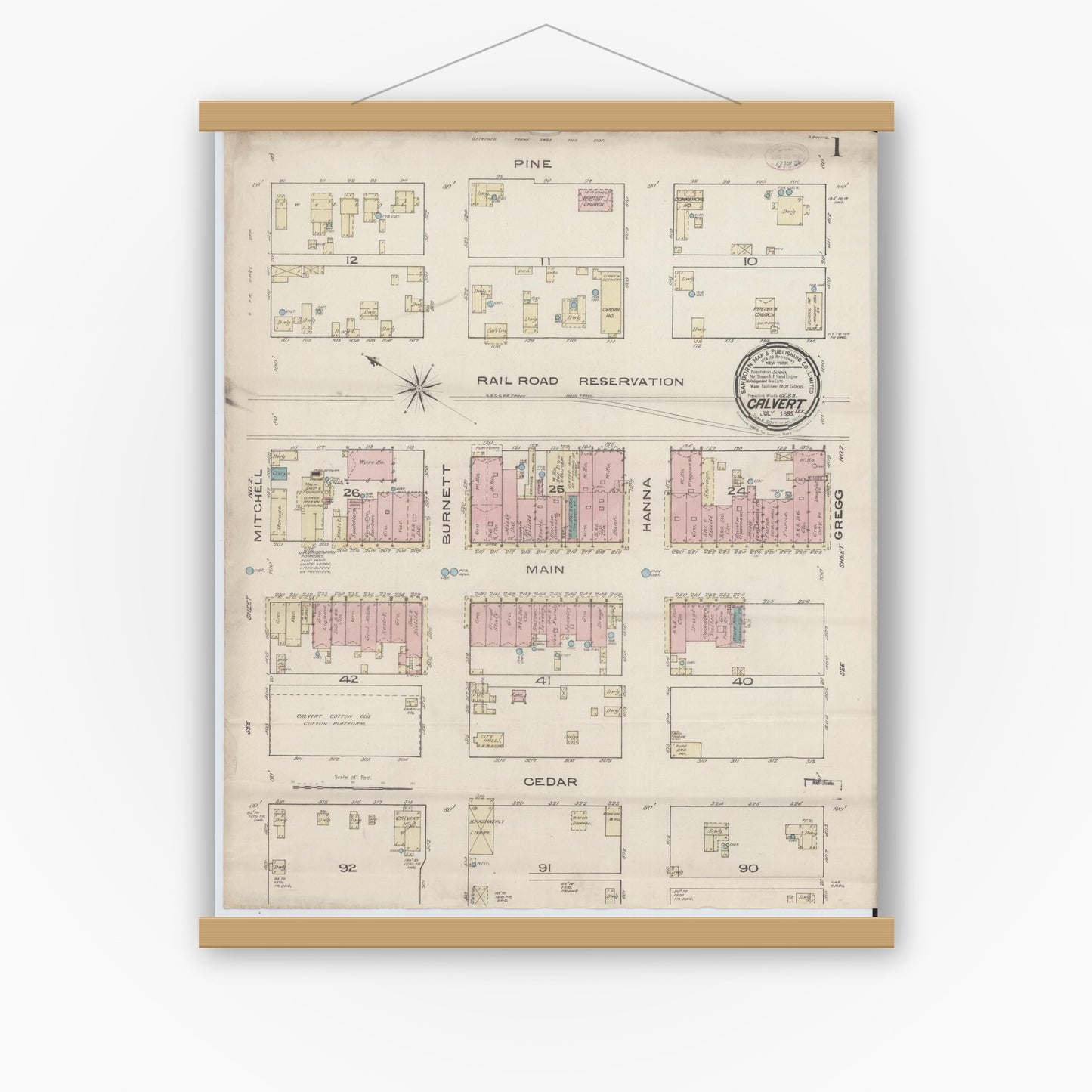 Old map wall art mockup — magnetic wood frame on white wall — Sanborn Fire Insurance Map from Calvert, Robertson County, Texas (1885), Sheet #0001