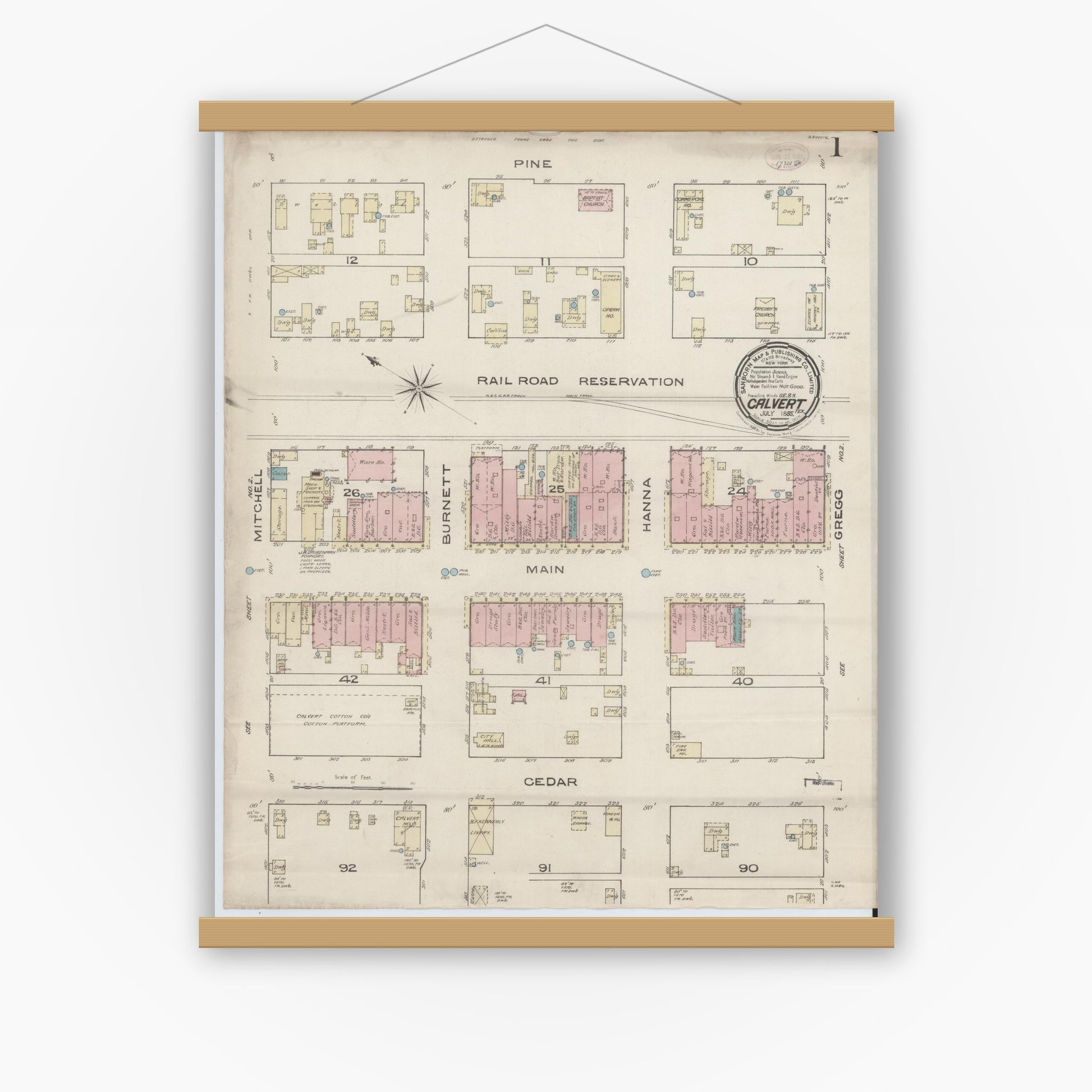 Old map wall art mockup — magnetic wood frame on white wall — Sanborn Fire Insurance Map from Calvert, Robertson County, Texas (1885), Sheet #0001
