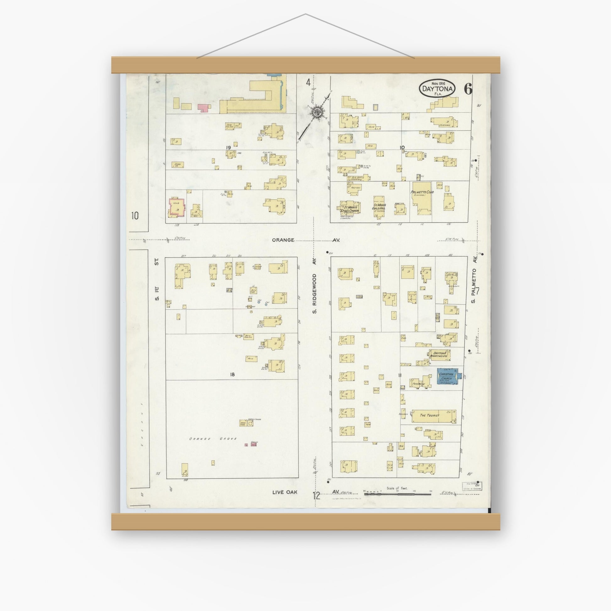 Old map wall art mockup — magnetic wood frame on white wall — Sanborn Fire Insurance Map from Daytona, Volusia County, Florida (1916), Sheet #0006