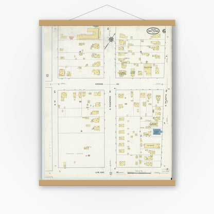 Old map wall art mockup — magnetic wood frame on white wall — Sanborn Fire Insurance Map from Daytona, Volusia County, Florida (1916), Sheet #0006