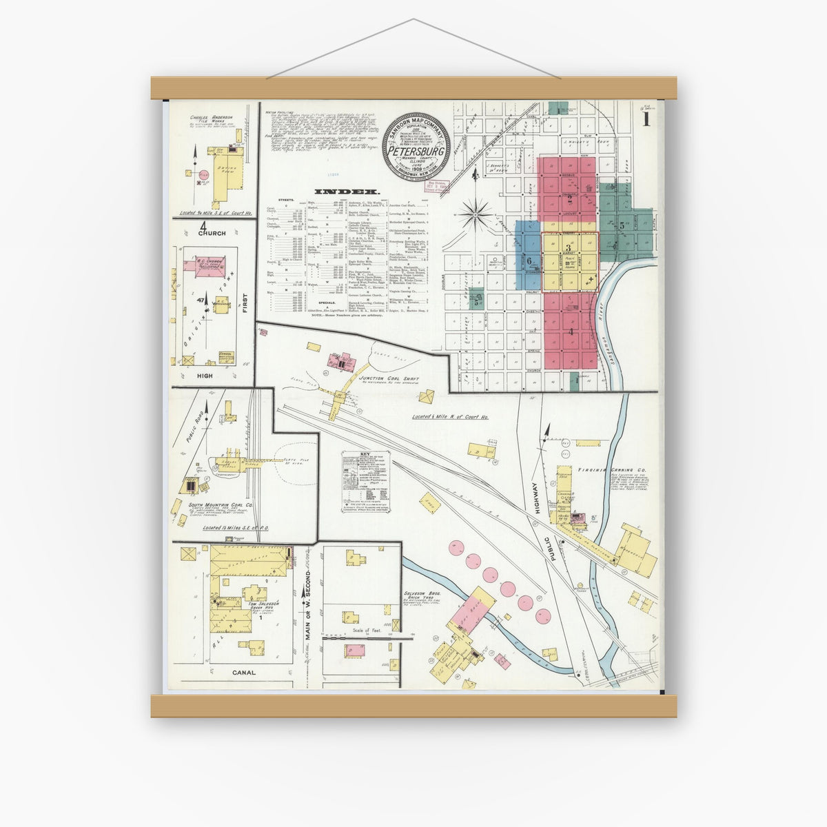 Old map wall art mockup — magnetic wood frame on white wall — Sanborn Fire Insurance Map from Petersburg, Menard County, Illinois (1909) - Complete Map Set
