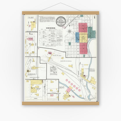Old map wall art mockup — magnetic wood frame on white wall — Sanborn Fire Insurance Map from Petersburg, Menard County, Illinois (1909) - Complete Map Set