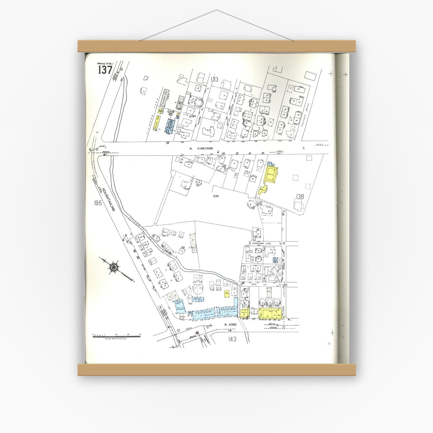 Old map wall art mockup — magnetic wood frame on white wall — Sanborn Fire Insurance Map from Honolulu, Oahu County, Hawaii (1955), Sheet #0137