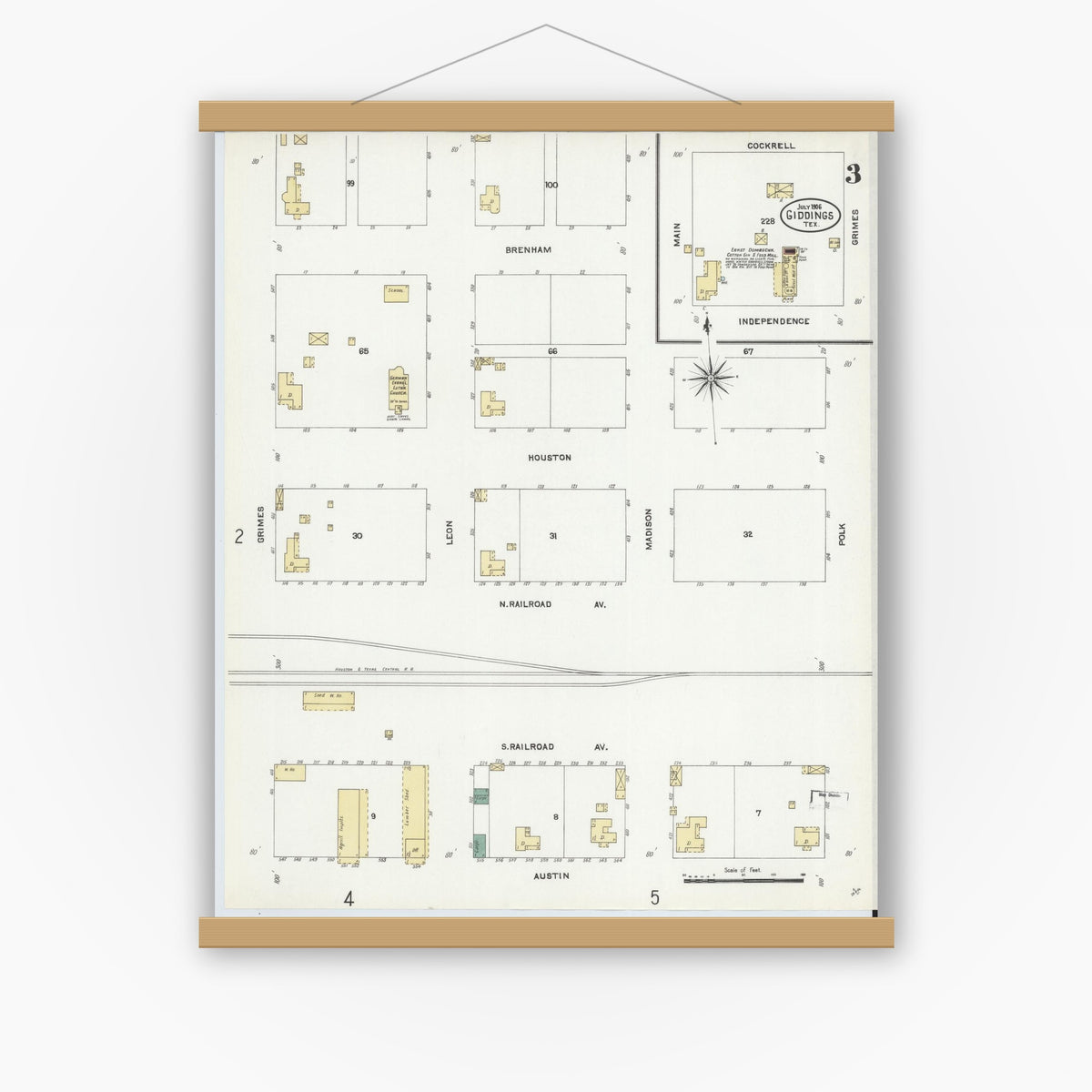 Old map wall art mockup — magnetic wood frame on white wall — Sanborn Fire Insurance Map from Giddings, Lee County, Texas (1906), Sheet #0003
