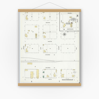 Old map wall art mockup — magnetic wood frame on white wall — Sanborn Fire Insurance Map from Giddings, Lee County, Texas (1906), Sheet #0003