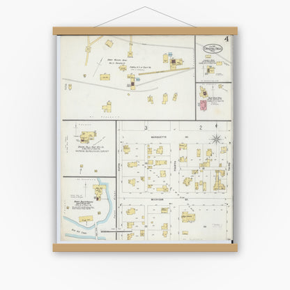 Old map wall art mockup — magnetic wood frame on white wall — Sanborn Fire Insurance Map from Crystal Falls, Iron County, Michigan (1898), Sheet #0004