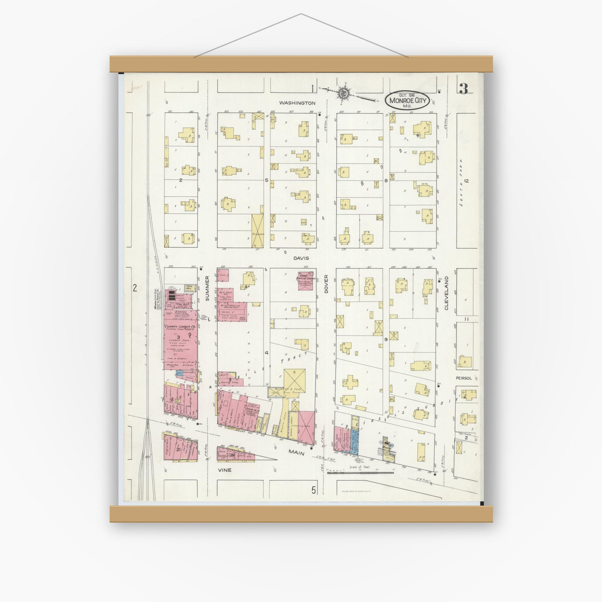 Old map wall art mockup — magnetic wood frame on white wall — Sanborn Fire Insurance Map from Monroe City, Monroe County, Missouri (1916), Sheet #0003