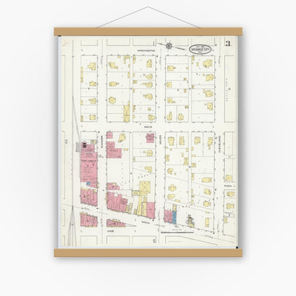 Old map wall art mockup — magnetic wood frame on white wall — Sanborn Fire Insurance Map from Monroe City, Monroe County, Missouri (1916), Sheet #0003