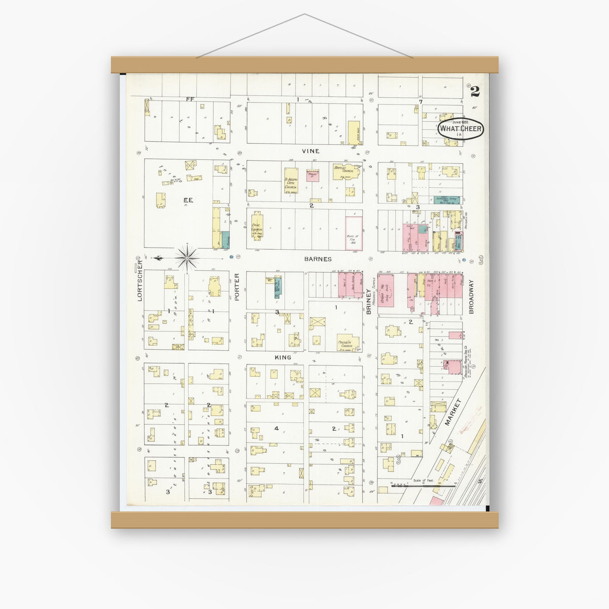 Old map wall art mockup — magnetic wood frame on white wall — Sanborn Fire Insurance Map from What Cheer, Keokuk County, Iowa (1893), Sheet #0002