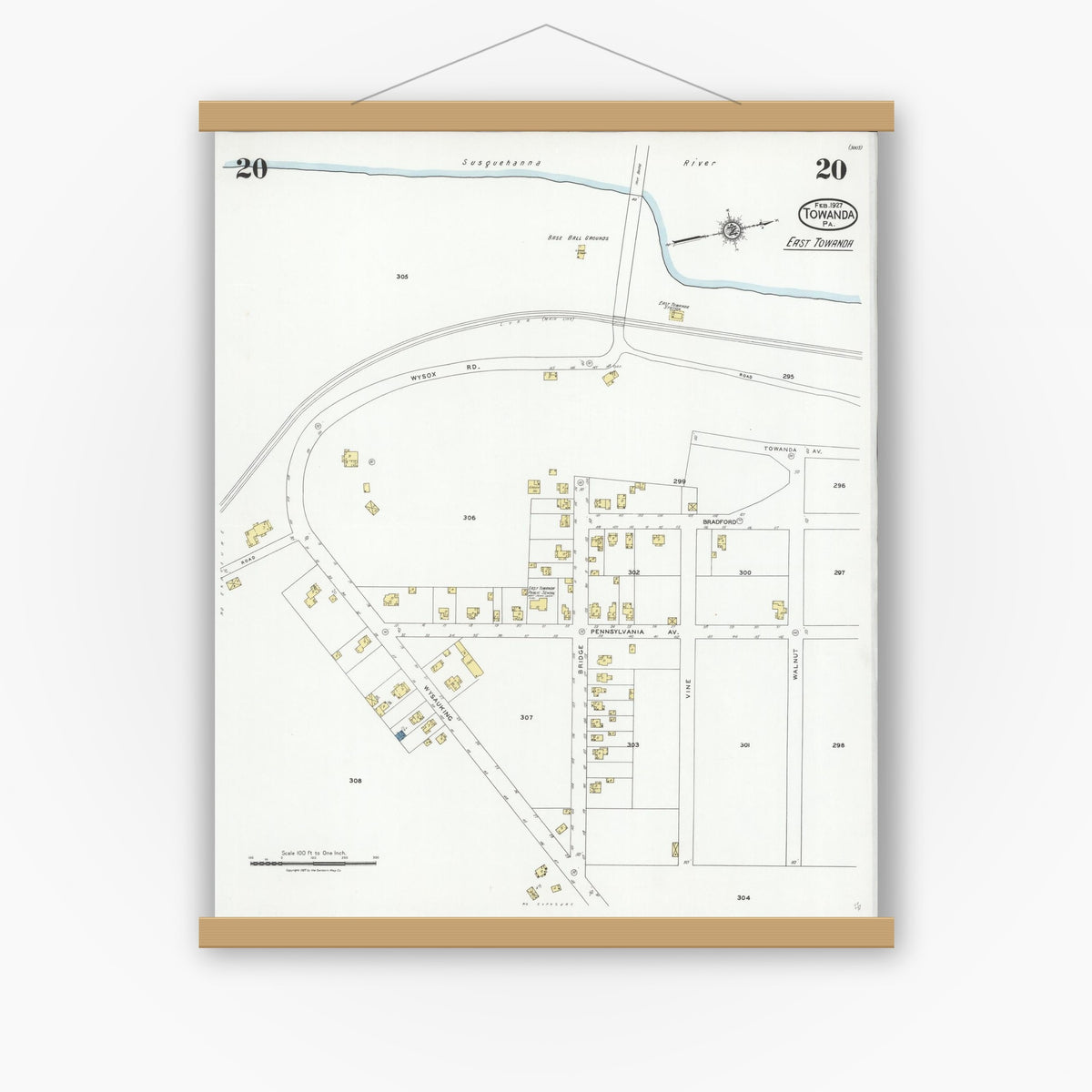 Old map wall art mockup — magnetic wood frame on white wall — Sanborn Fire Insurance Map from Towanda, Bradford County, Pennsylvania (1927), Sheet #0020