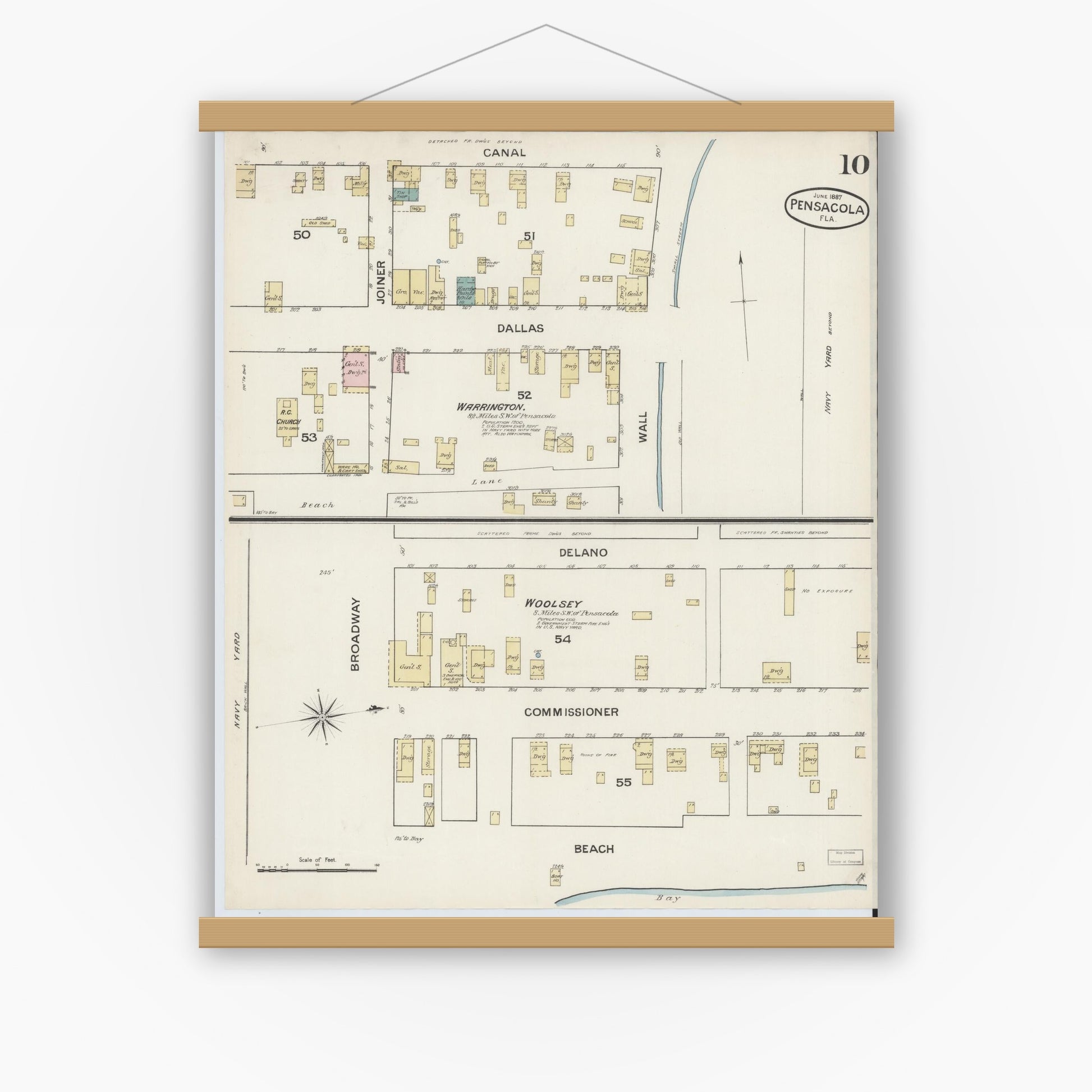 Old map wall art mockup — magnetic wood frame on white wall — Sanborn Fire Insurance Map from Pensacola, Escambia County, Florida (1887), Sheet #0010