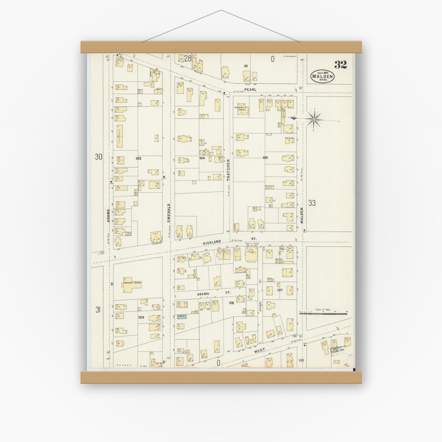 Old map wall art mockup — magnetic wood frame on white wall — Sanborn Fire Insurance Map from Malden, Middlesex County, Massachusetts (1897), Sheet #0032