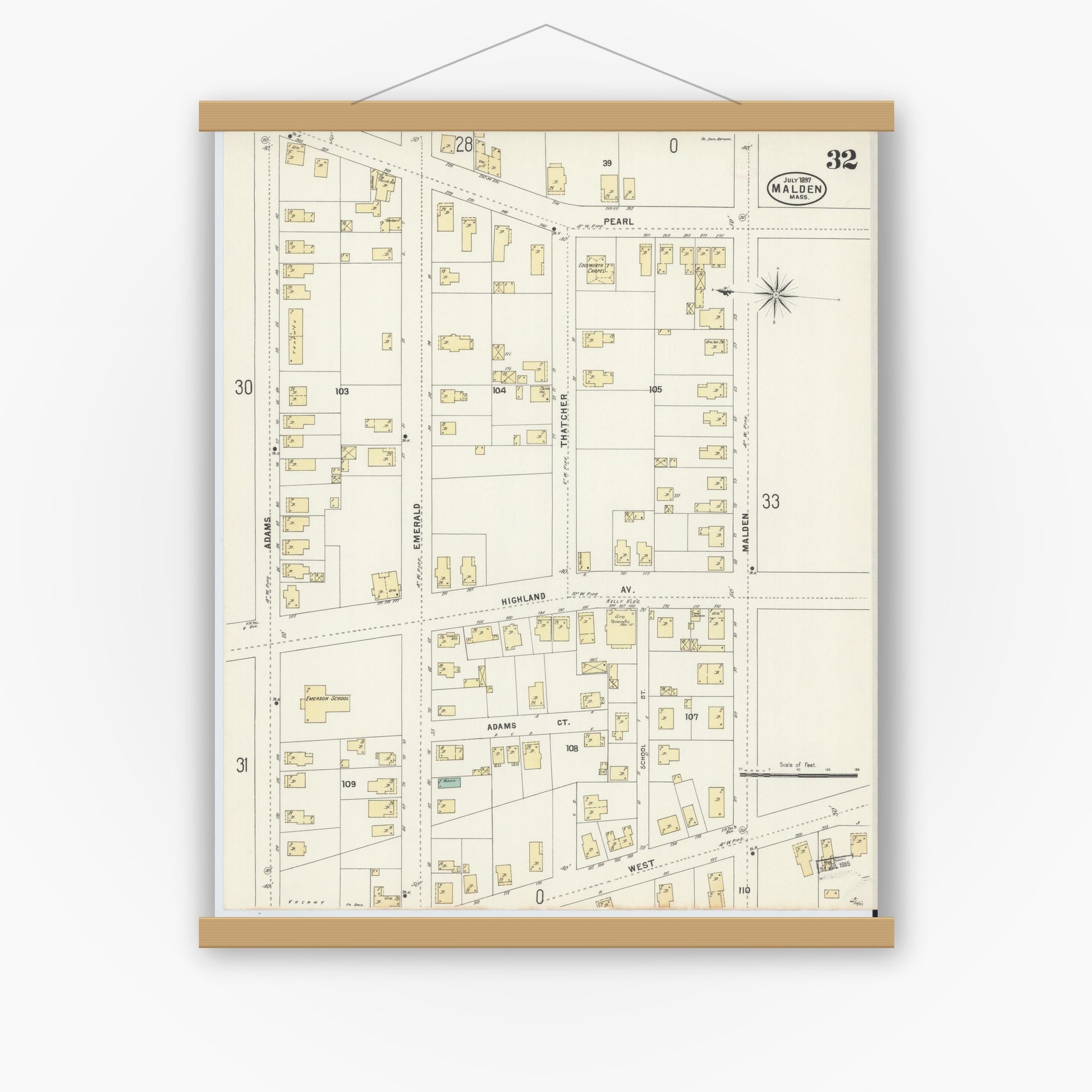 Old map wall art mockup — magnetic wood frame on white wall — Sanborn Fire Insurance Map from Malden, Middlesex County, Massachusetts (1897), Sheet #0032