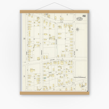 Old map wall art mockup — magnetic wood frame on white wall — Sanborn Fire Insurance Map from Malden, Middlesex County, Massachusetts (1897), Sheet #0032