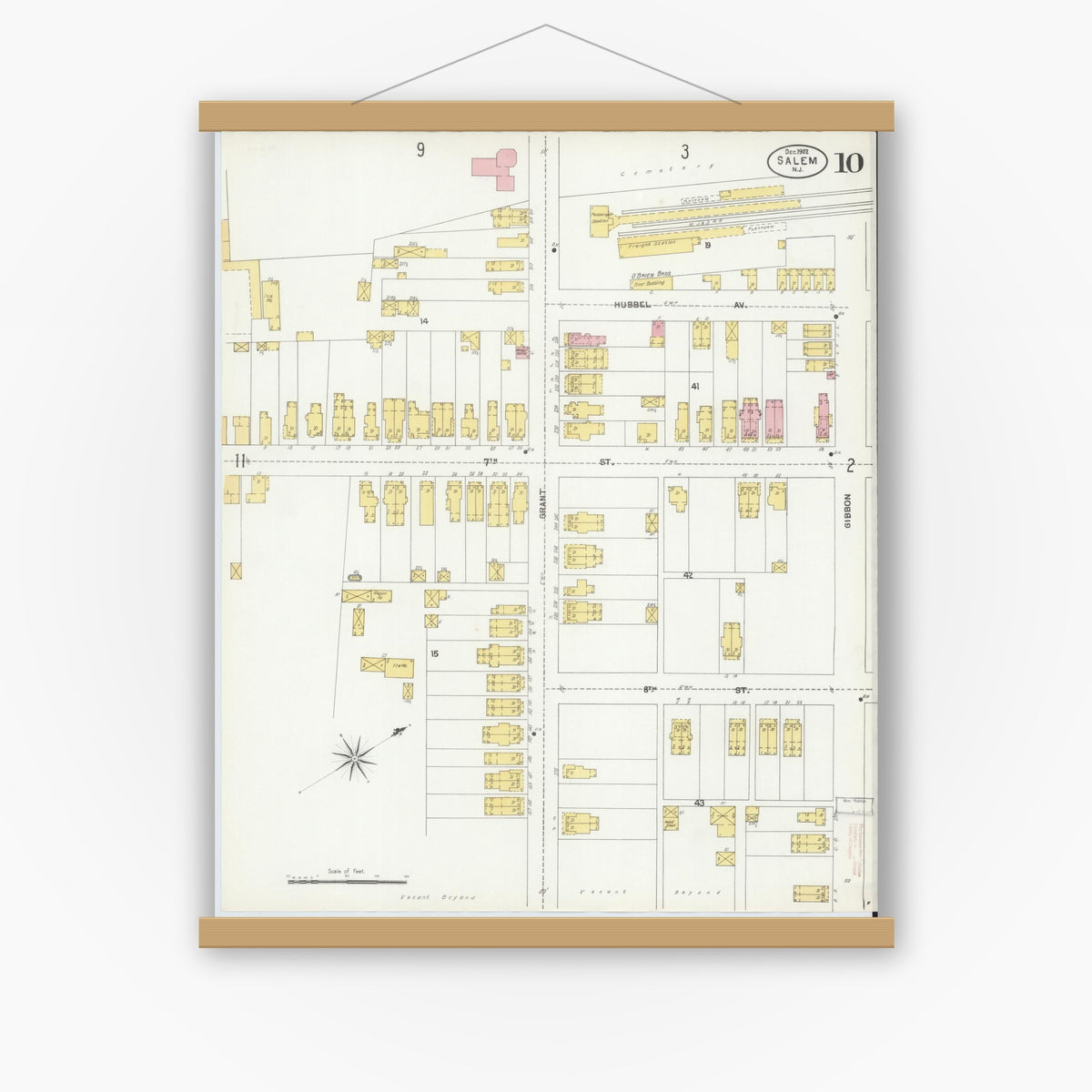 Old map wall art mockup — magnetic wood frame on white wall — Sanborn Fire Insurance Map from Salem, Salem County, New Jersey (1902), Sheet #0010
