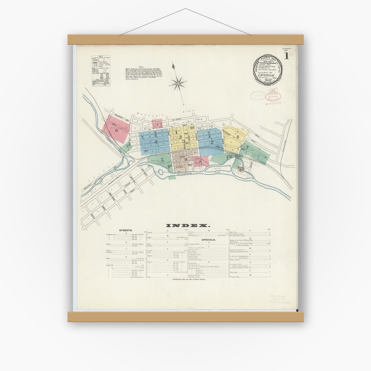 Old map wall art mockup — magnetic wood frame on white wall — Sanborn Fire Insurance Map from Emporium, Cameron County, Pennsylvania (1897) - Complete Map Set