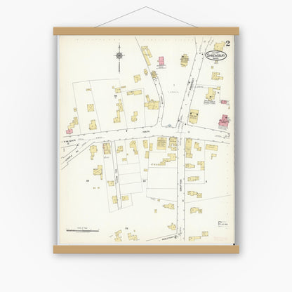 Old map wall art mockup — magnetic wood frame on white wall — Sanborn Fire Insurance Map from Shrewsbury, Worcester County, Massachusetts (1917), Sheet #0002