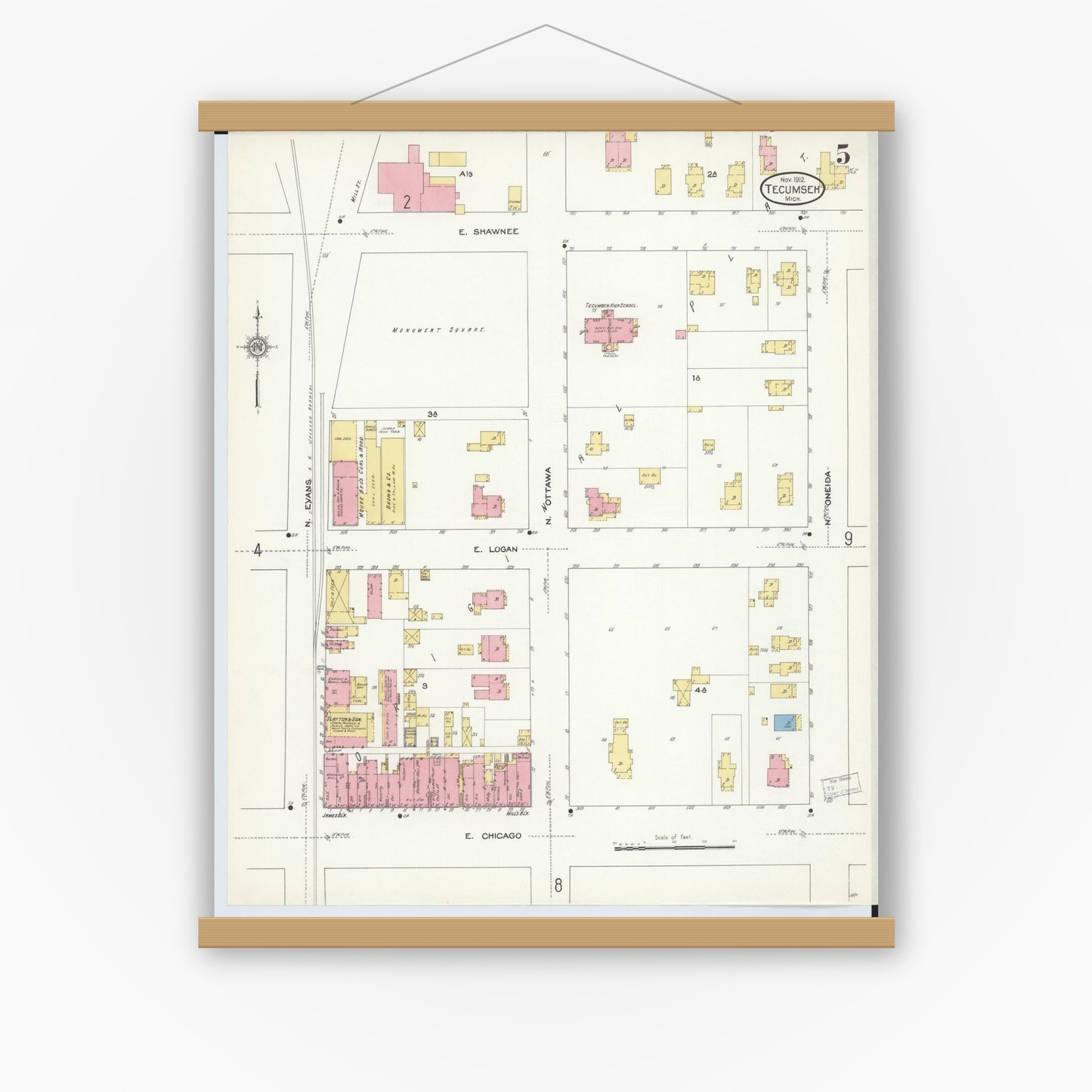 Old map wall art mockup — magnetic wood frame on white wall — Sanborn Fire Insurance Map from Tecumseh, Lenawee County, Michigan (1912), Sheet #0005