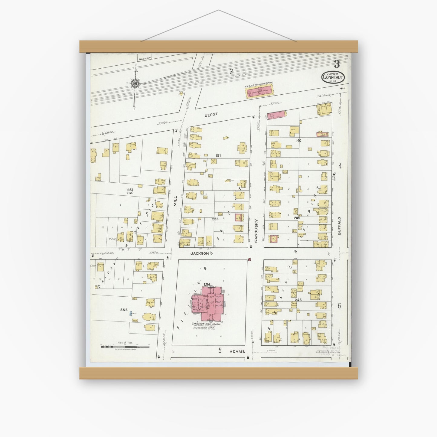 Old map wall art mockup — magnetic wood frame on white wall — Sanborn Fire Insurance Map from Conneaut, Ashtabula County, Ohio (1919), Sheet #0003