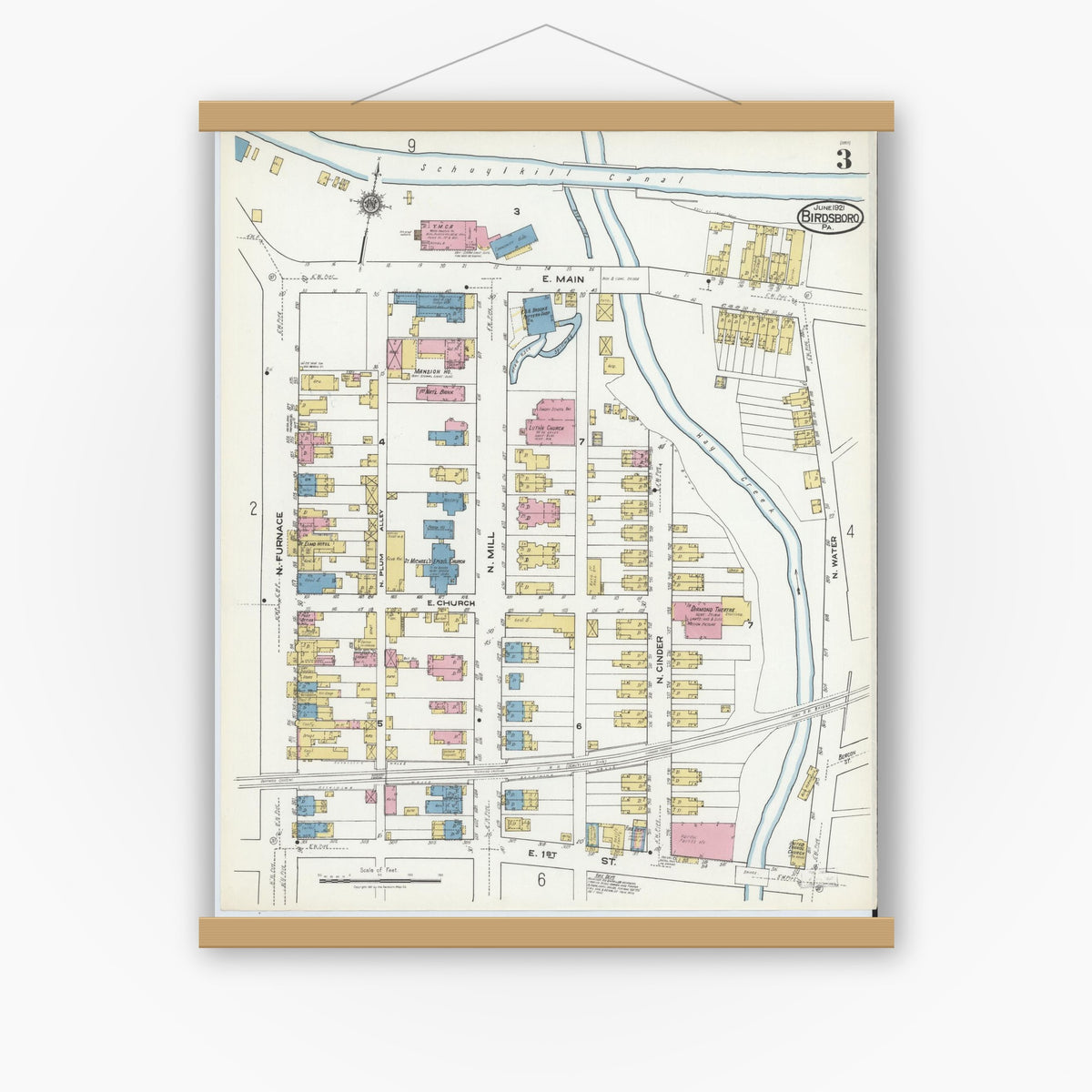 Old map wall art mockup — magnetic wood frame on white wall — Sanborn Fire Insurance Map from Birdsboro, Berks County, Pennsylvania (1921), Sheet #0003
