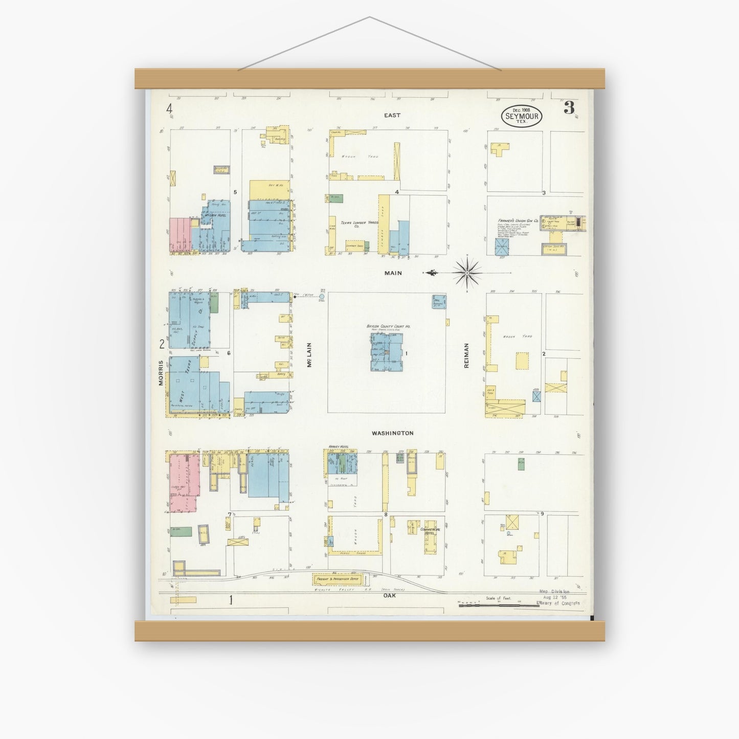 Old map wall art mockup — magnetic wood frame on white wall — Sanborn Fire Insurance Map from Seymour, Baylor County, Texas (1908), Sheet #0003