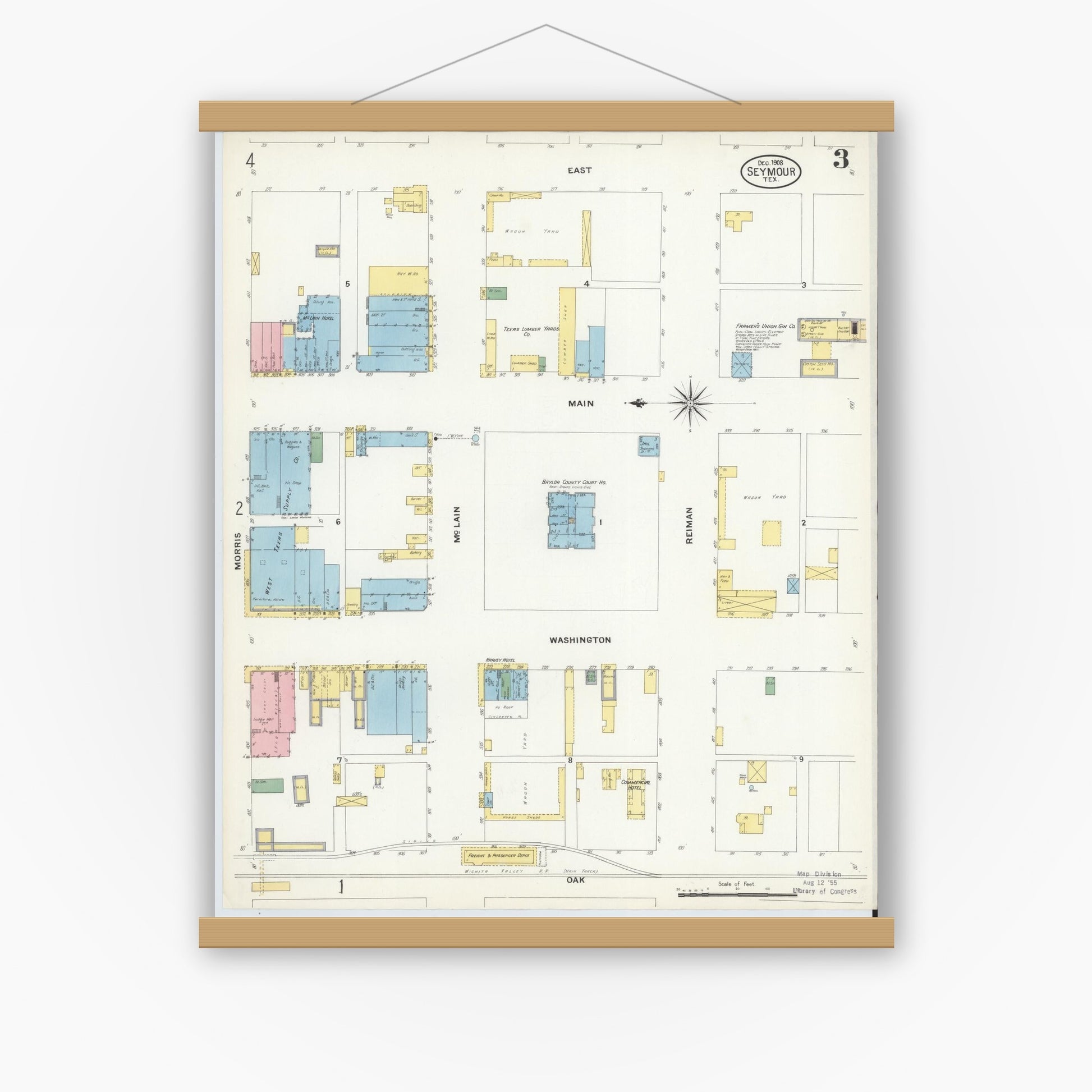 Old map wall art mockup — magnetic wood frame on white wall — Sanborn Fire Insurance Map from Seymour, Baylor County, Texas (1908), Sheet #0003