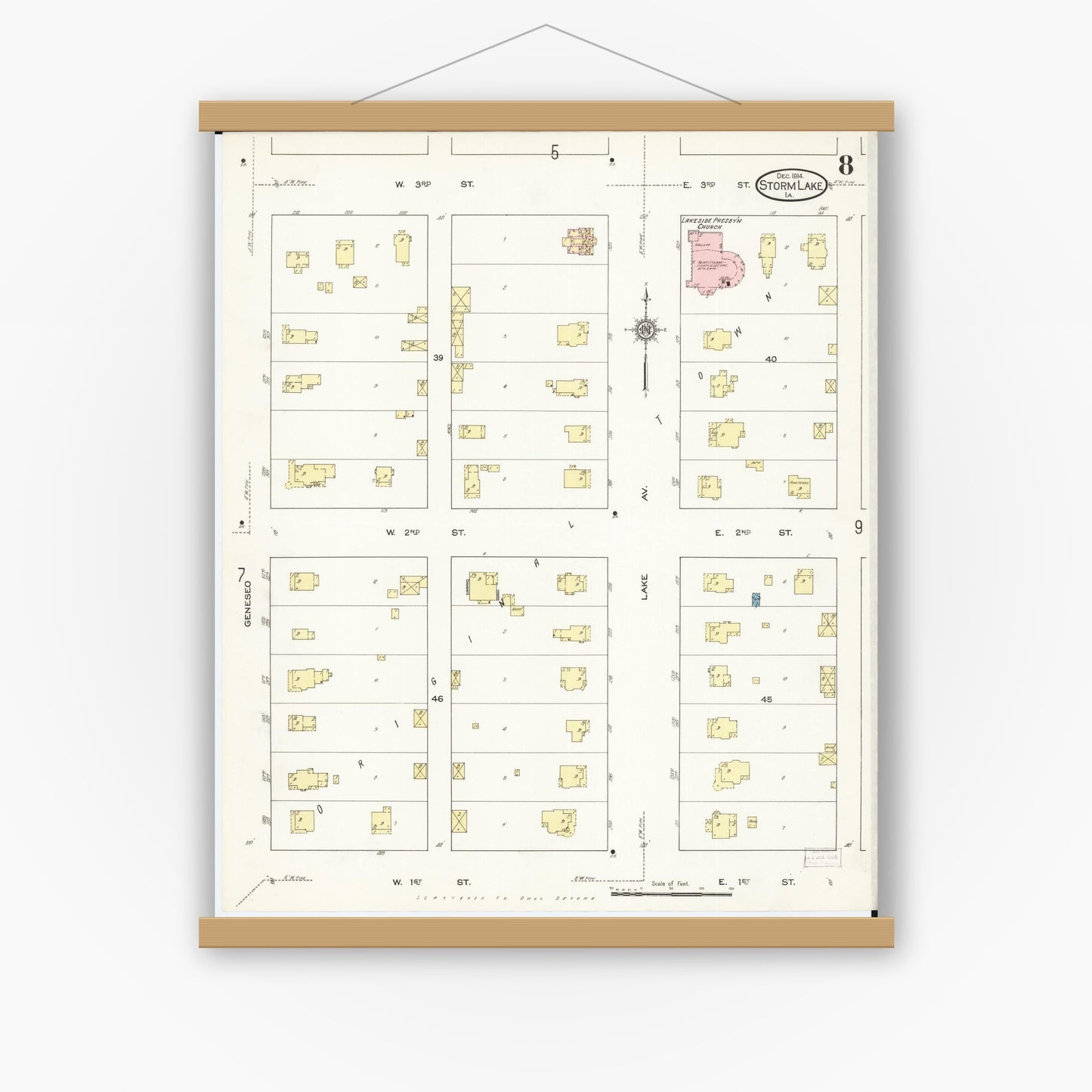 Old map wall art mockup — magnetic wood frame on white wall — Sanborn Fire Insurance Map from Storm Lake, Buena Vista County, Iowa (1914), Sheet #0008