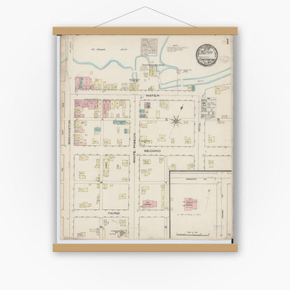 Old map wall art mockup — magnetic wood frame on white wall — Sanborn Fire Insurance Map from Constantine, Saint Joseph County, Michigan (1884) - Complete Map Set