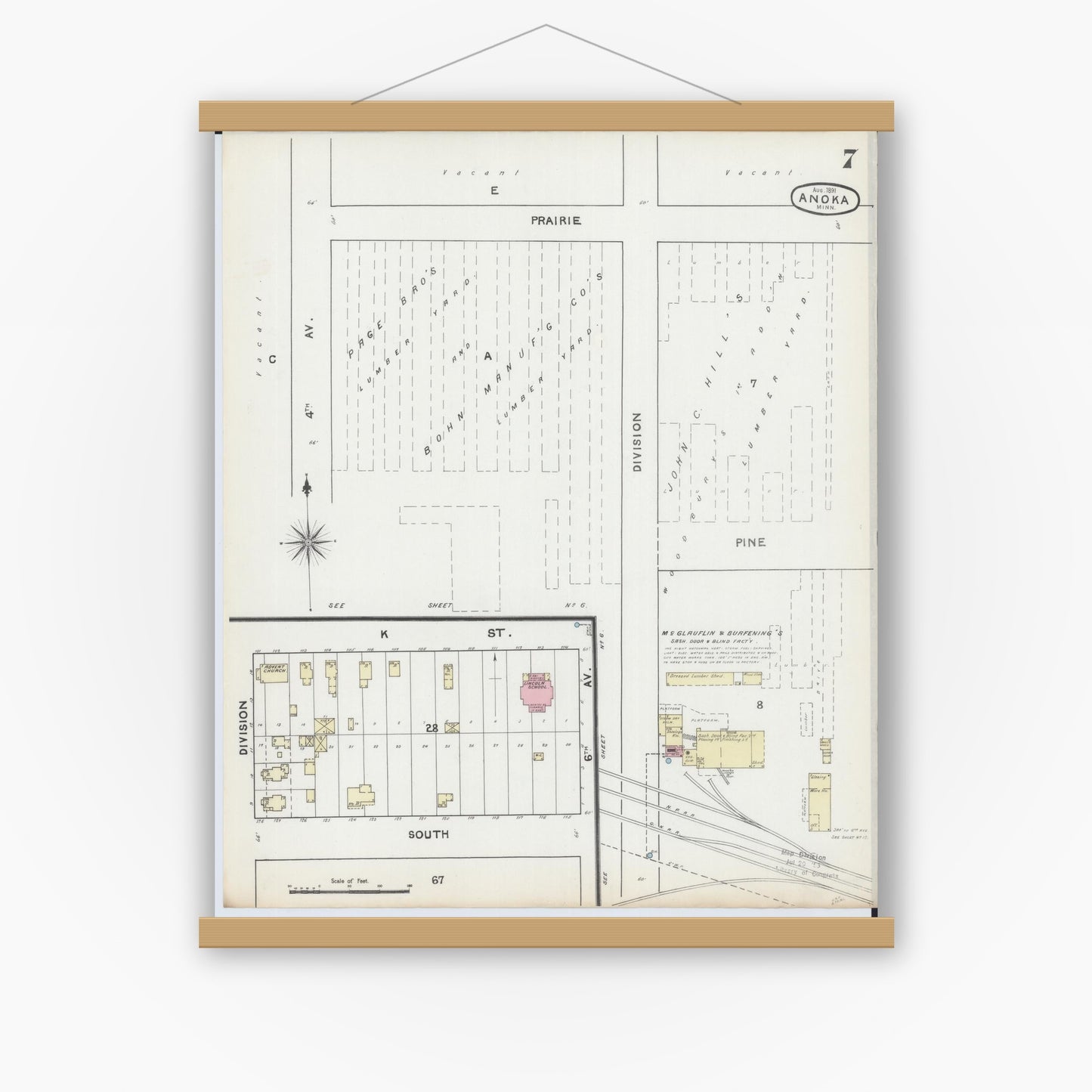Old map wall art mockup — magnetic wood frame on white wall — Sanborn Fire Insurance Map from Anoka, Anoka County, Minnesota (1891), Sheet #0007