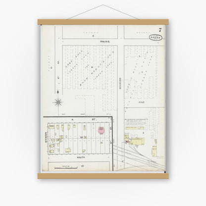 Old map wall art mockup — magnetic wood frame on white wall — Sanborn Fire Insurance Map from Anoka, Anoka County, Minnesota (1891), Sheet #0007