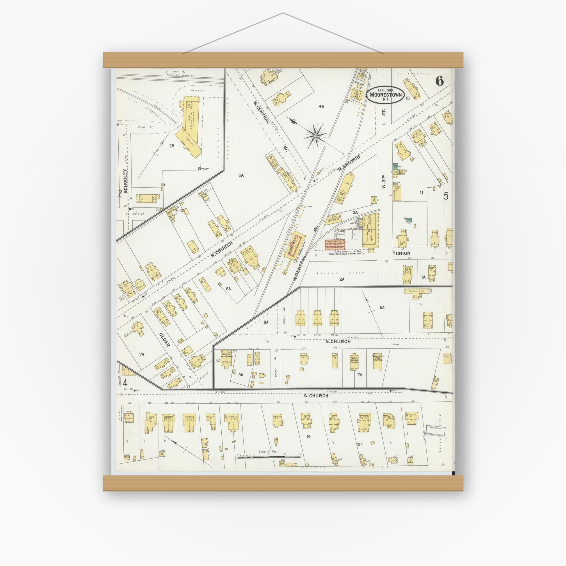 Old map wall art mockup — magnetic wood frame on white wall — Sanborn Fire Insurance Map from Moorestown, Burlington County, New Jersey (1905), Sheet #0006