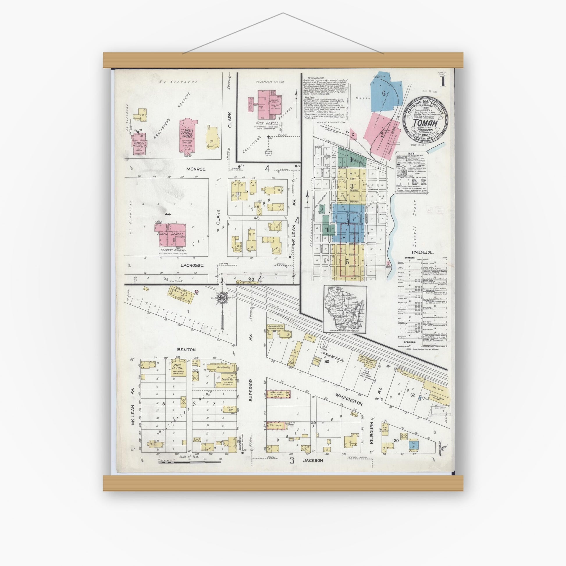 Old map wall art mockup — magnetic wood frame on white wall — Sanborn Fire Insurance Map from Tomah, Monroe County, Wisconsin (1912), Sheet #0001