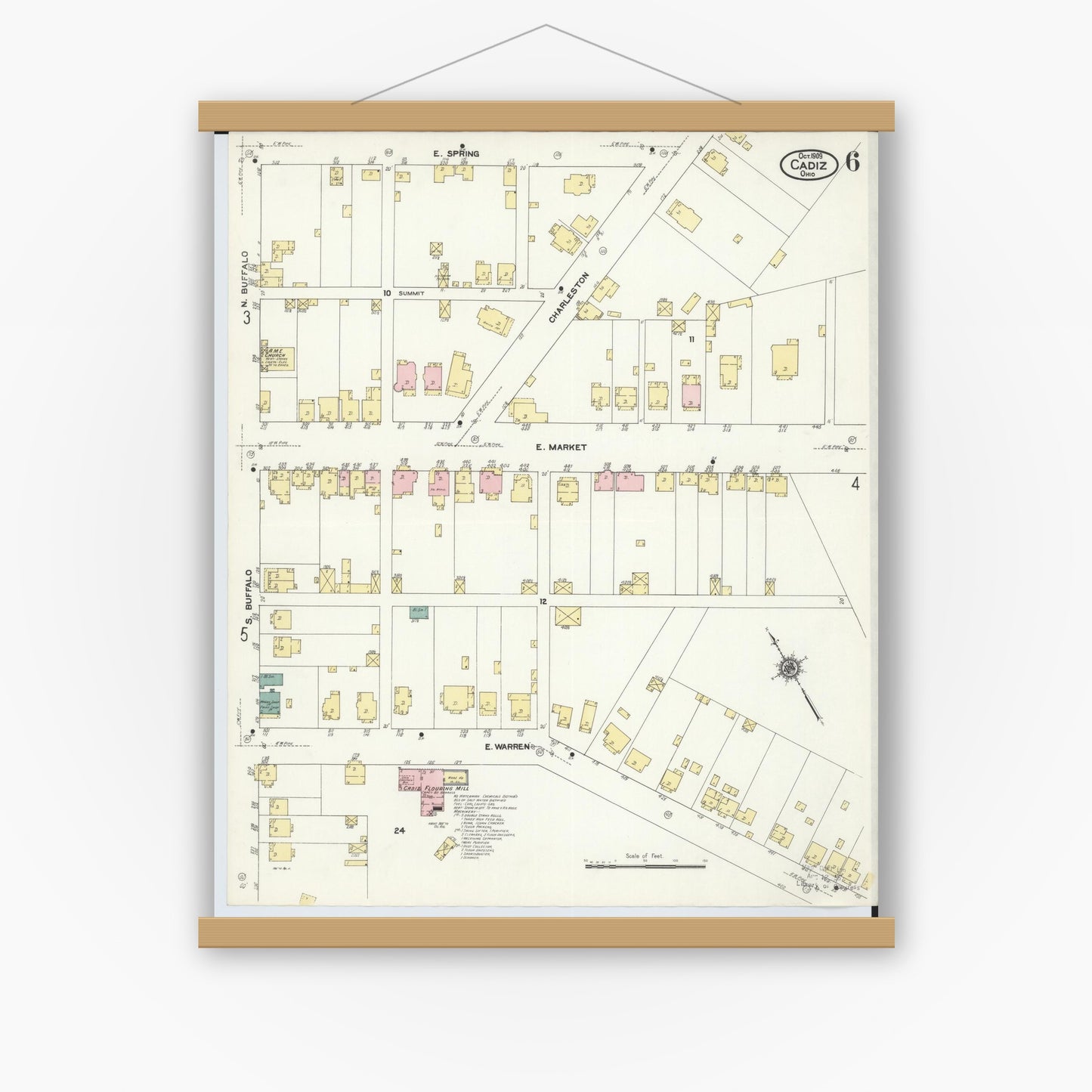 Old map wall art mockup — magnetic wood frame on white wall — Sanborn Fire Insurance Map from Cadiz, Harrison County, Ohio (1909), Sheet #0006