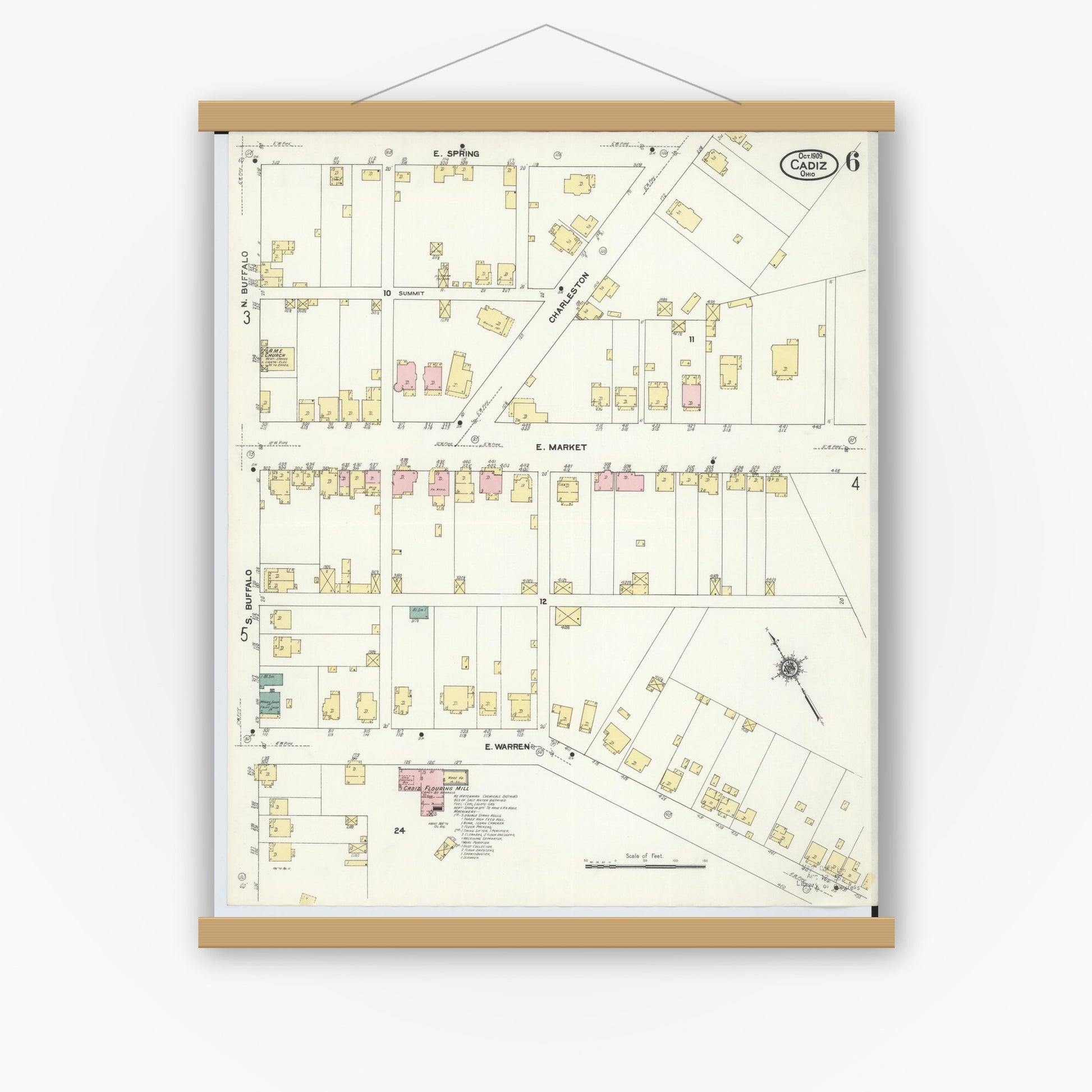 Old map wall art mockup — magnetic wood frame on white wall — Sanborn Fire Insurance Map from Cadiz, Harrison County, Ohio (1909), Sheet #0006
