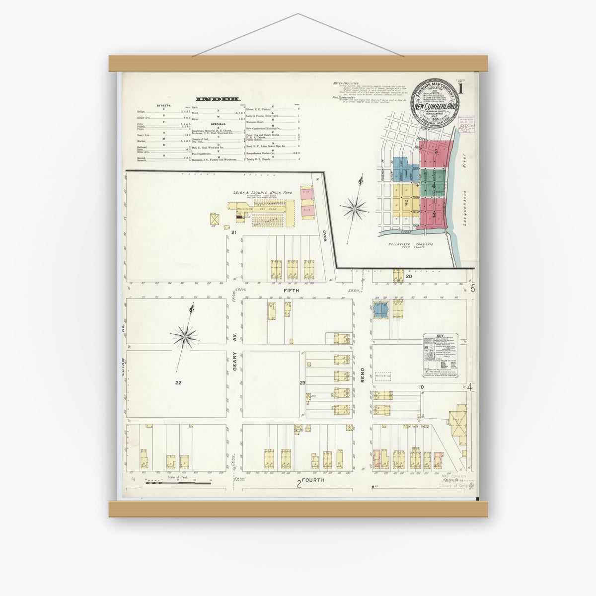 Old map wall art mockup — magnetic wood frame on white wall — Sanborn Fire Insurance Map from New Cumberland, Cumberland County, Pennsylvania (1908), Sheet #0001